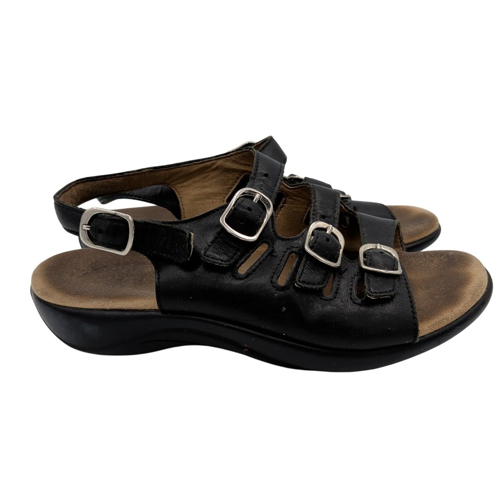 SAS Mystic Slingback‎ Sandals Womens 7.5 W Black Leather Adjustable Comfort USA